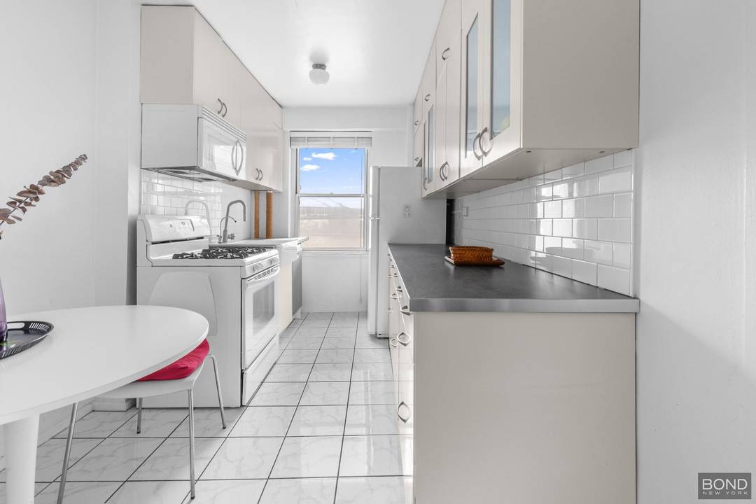 Stunning views of the Williamsburg Bridge from several windows in this large 800 square foot one bedroom sanctuary in The East River coop.