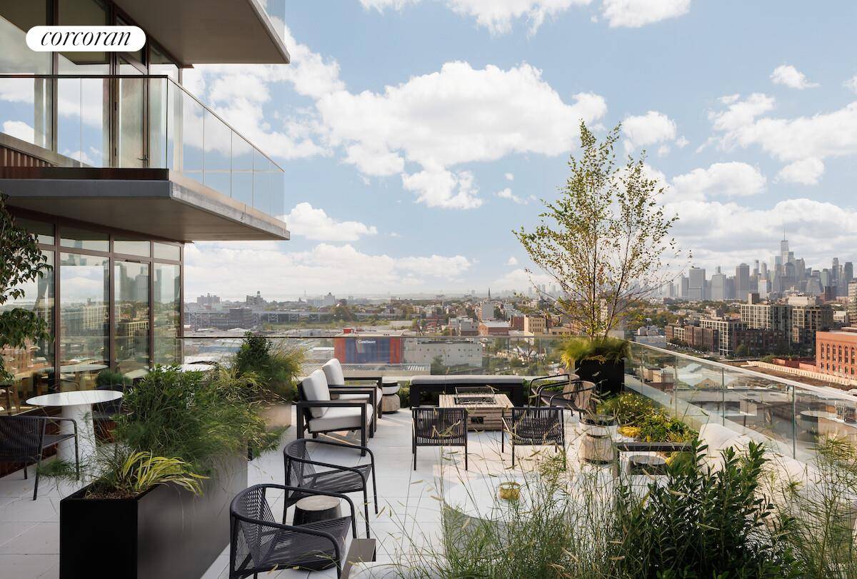 Western Facing Designer one bedroom with Lower Manhattan, Downtown Brooklyn and NY Harbor Views and a private balcony.