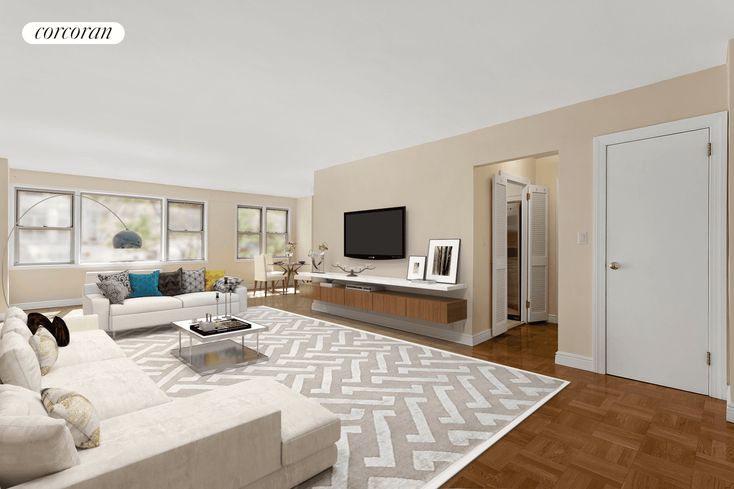 Spacious two bedroom residence, formerly a junior 4 with a dinning alcove that has already been converted into a second bedroom with a pressurized wall.