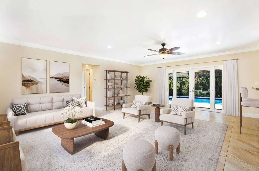 Lagoon amp ; cove views enhance this inviting residence featuring a private backyard framed by thick hedge fencing and no carpeting throughout.