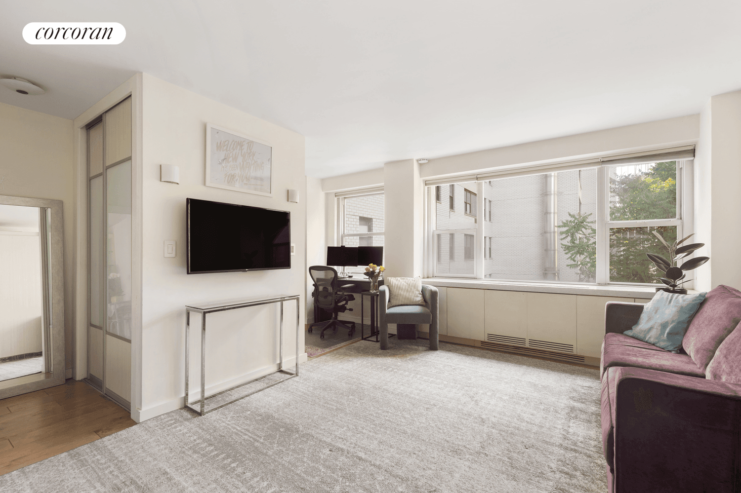 This triple mint L shaped studio is spacious, bright and exceptionally quiet.