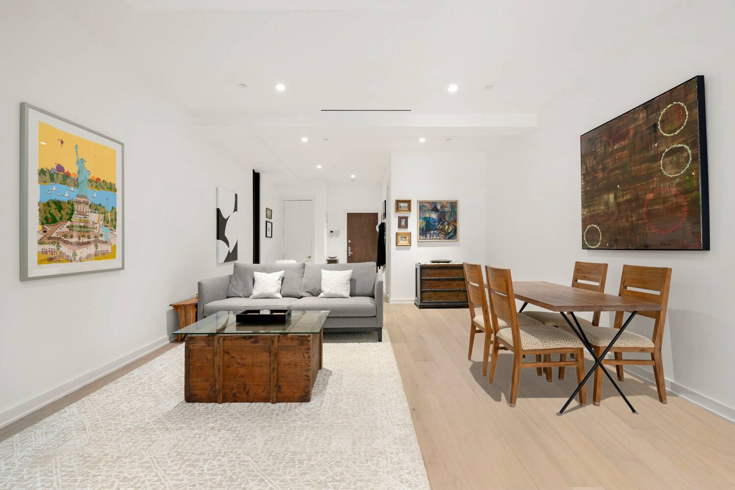 Residence 2B, a pristine 850 square feet one bedroom condominium with low monthlies, offers a seamless blend of pre war character and modern sophistication in the heart of North Tribeca.