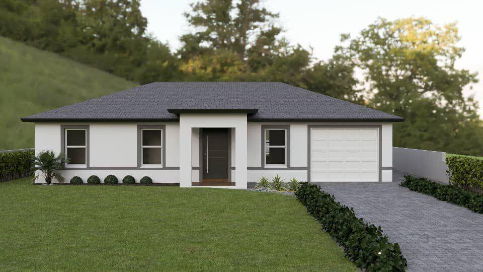 A house new construction featuring 3 bedrooms, 2 bathrooms, and a one car garage.
