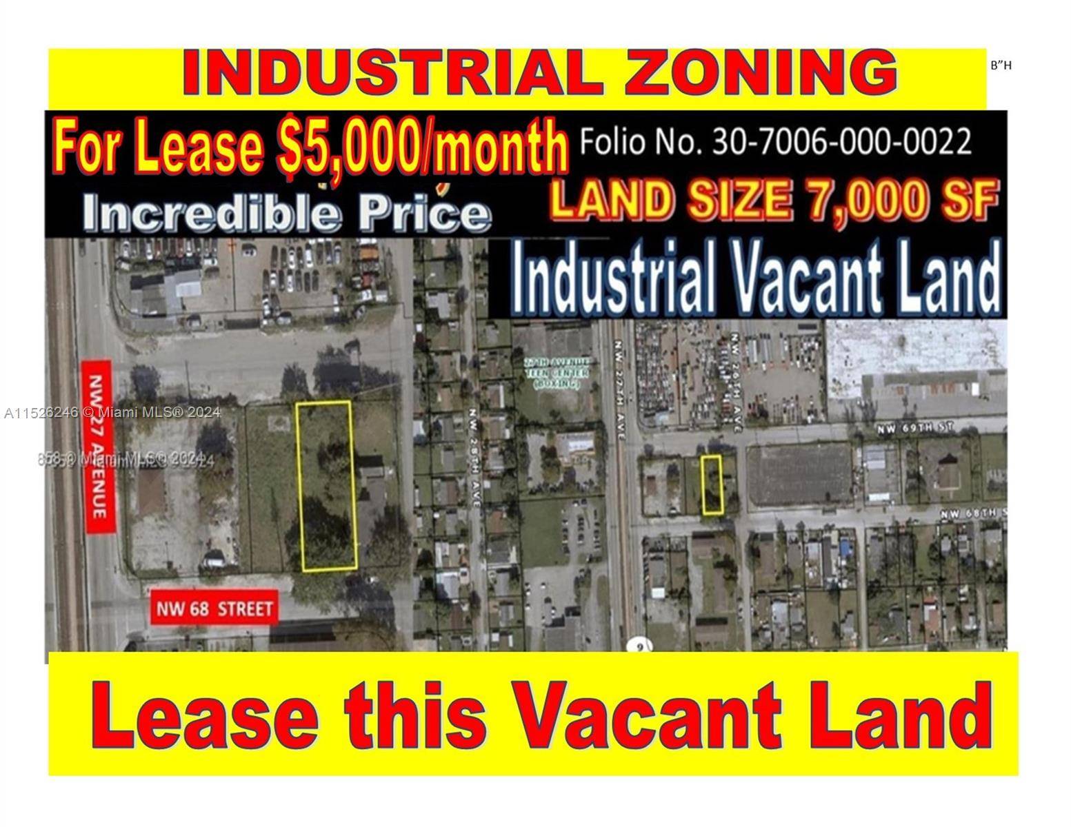 Great Opportunity to Lease a Vacant Land of 7, 000 SF with an Industrial Zoning, next to NW 27 Avenue Super Location.