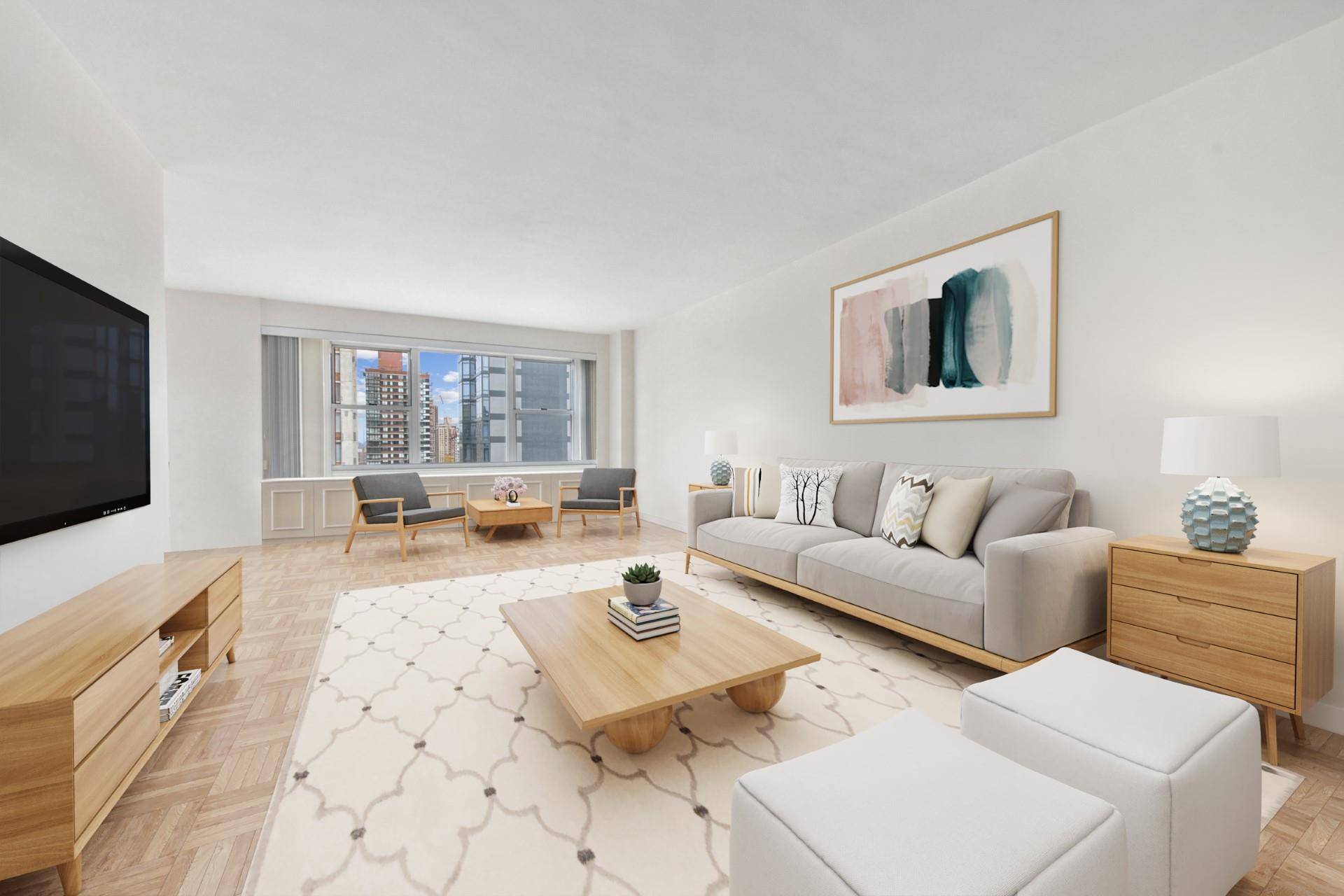 Price reduced on sky high sprawling two bedroom, two bath home in prestigious 360 East 72nd Street.