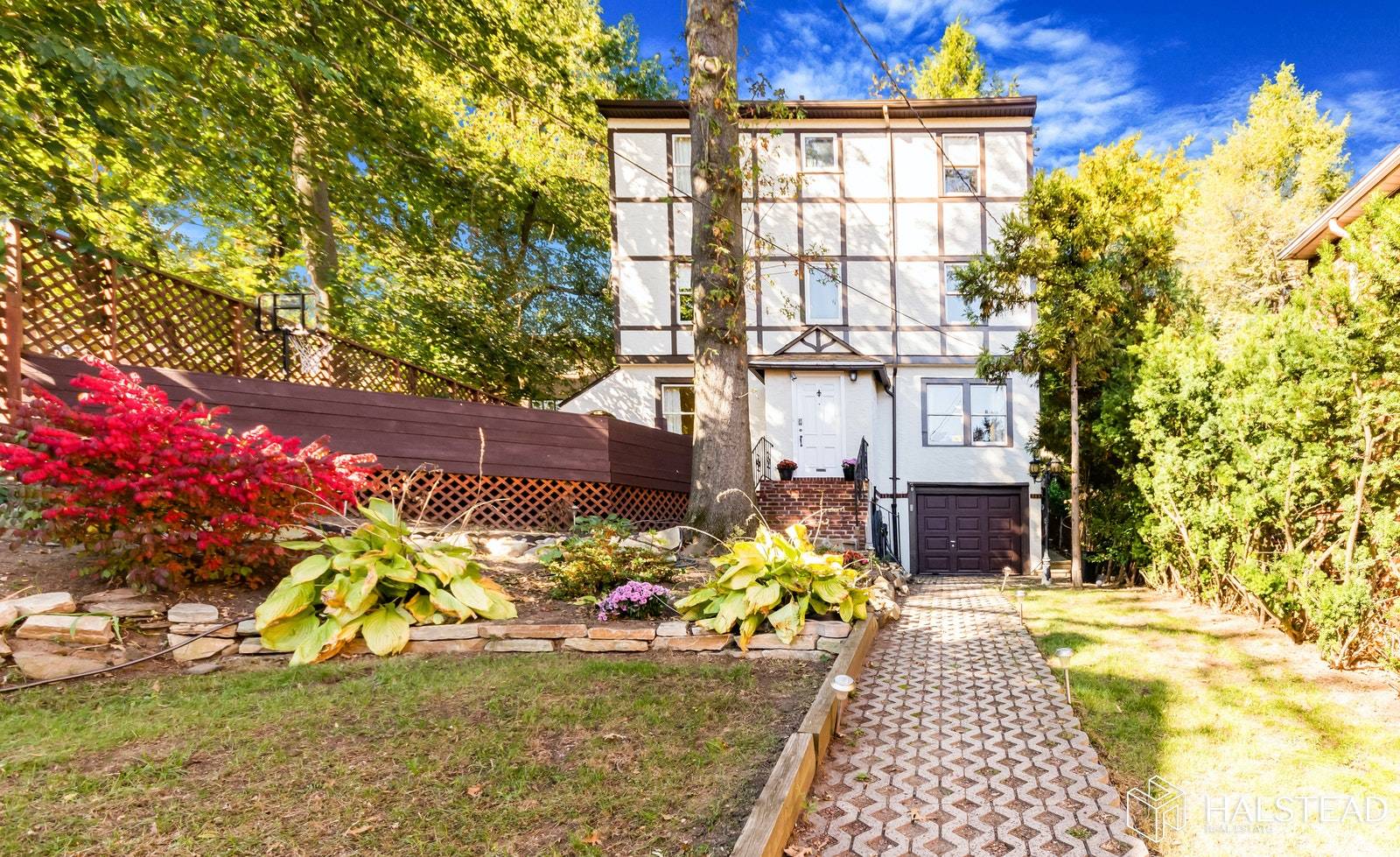 A unique Tudor house with beautifully landscaped grounds, situated on a hillside and set back from the street providing privacy and quiet.