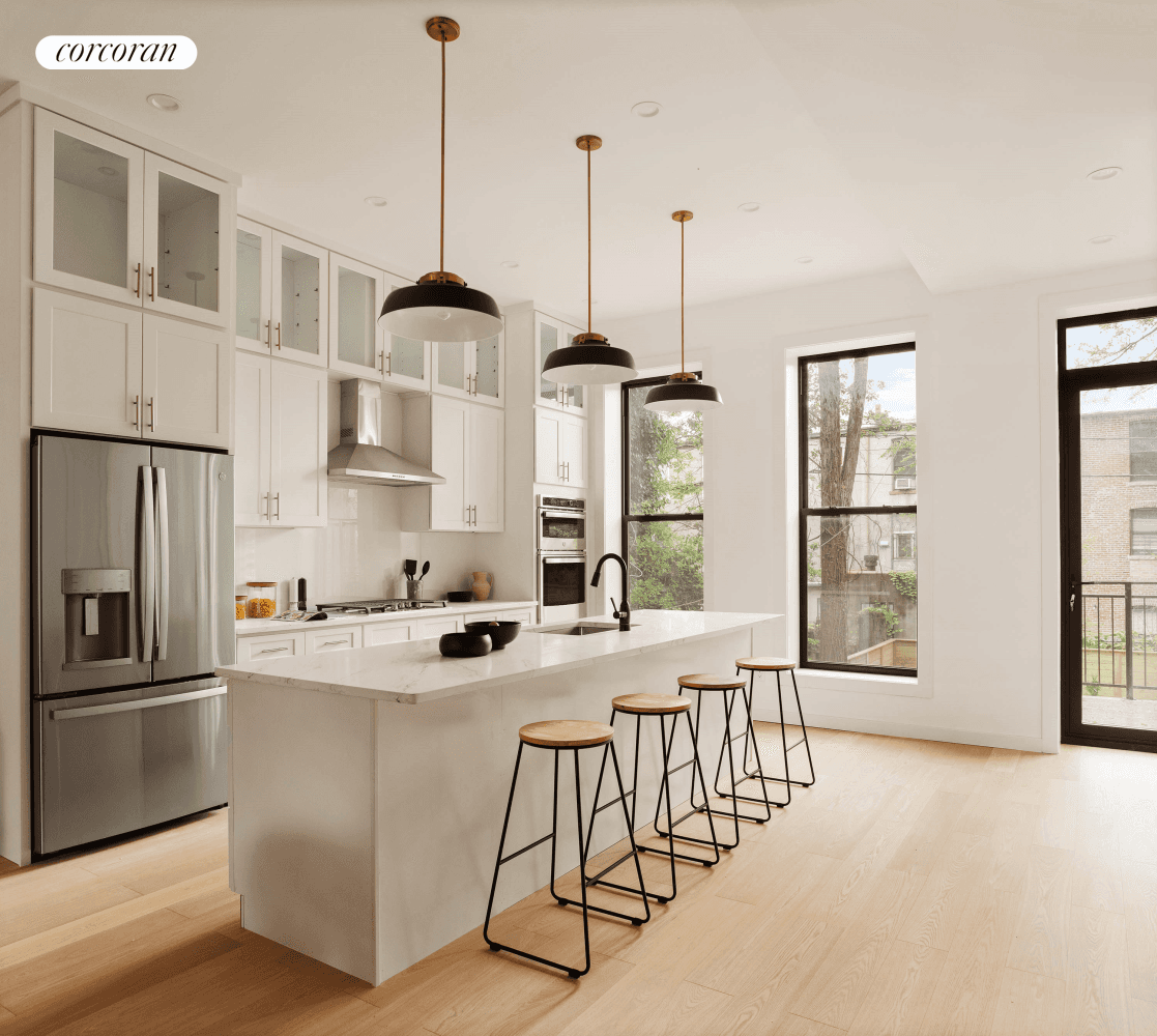 Elegant Two Family Townhouse with Private Roof Deck, Landscaped Garden amp ; Income Producing Rental Nestled on a picturesque, tree lined block in the heart of Bedford Stuyvesant, 725 Quincy ...