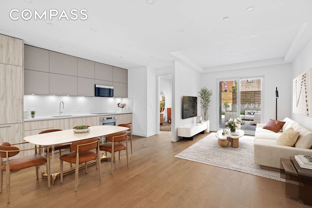 The crown jewel of this three bedroom, two bath residence is its super sized private patio of 877 square feet, an outdoor living room rare in city apartments.