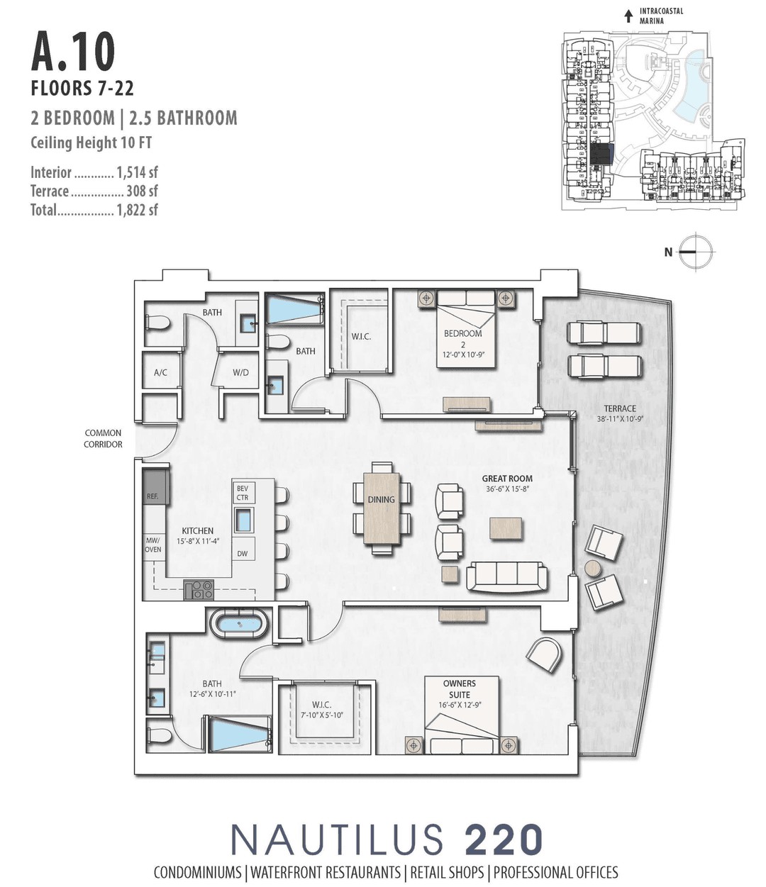 BRAND NEW Two Bedroom 2. 5 Bathroom s luxury condo on 14th floor at Nautilus 220 N220 with Southeast Southwest exposure and incredible water views.