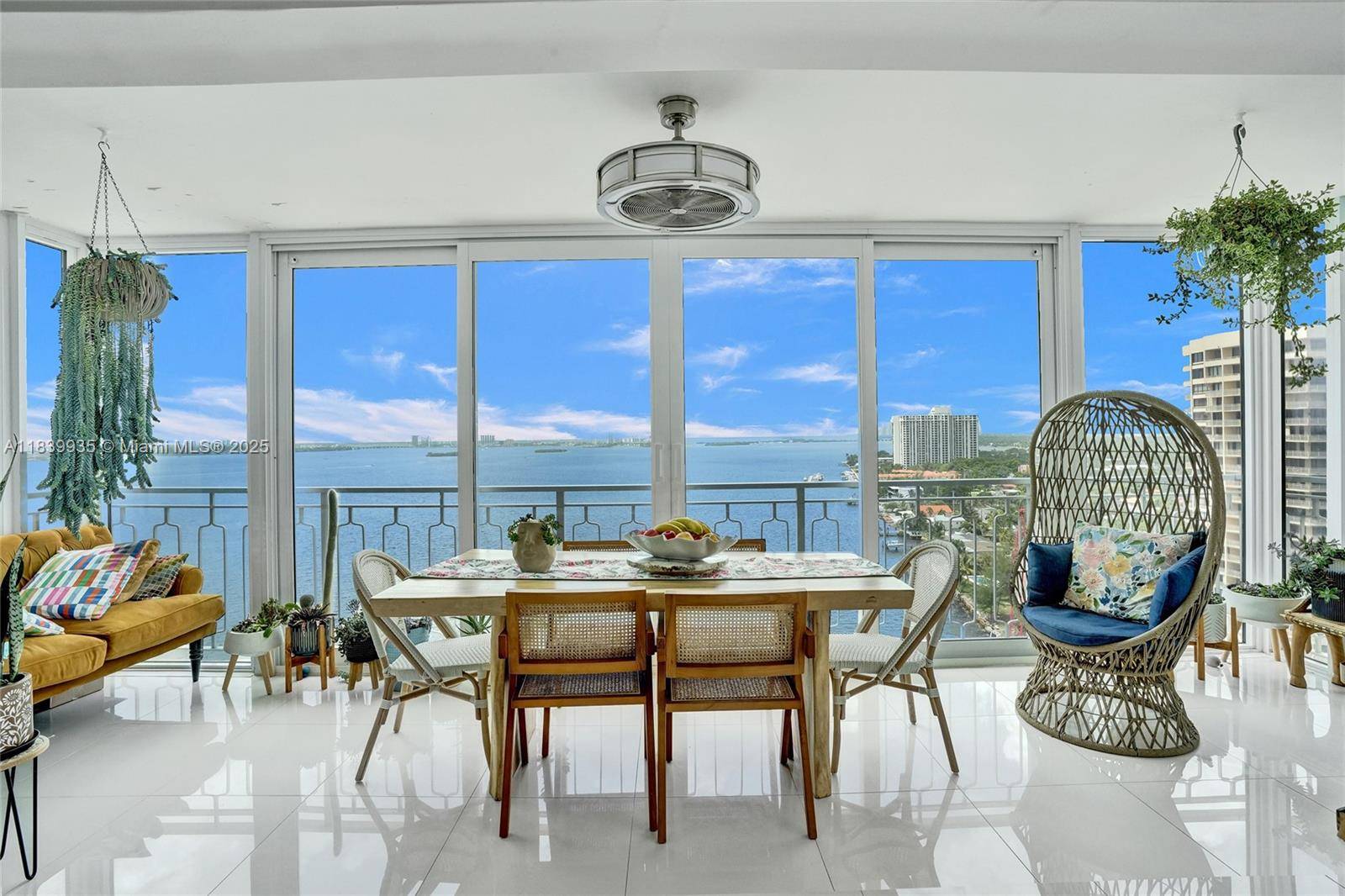 Wide bay views stretching across sparkling Biscayne Bay, with Miami Beach.