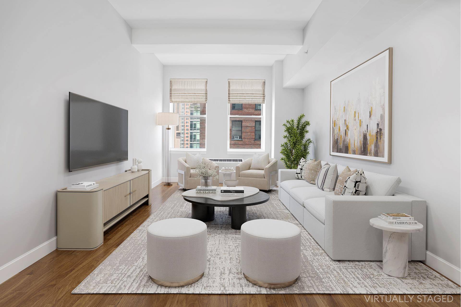 Fabulous, spacious, renovated 1, 056 sq ft Tribeca condo, featuring one bedroom, one bathroom, 10 ft beamed ceilings, brand new hardwood floors, fully built out closets, home office area, and ...