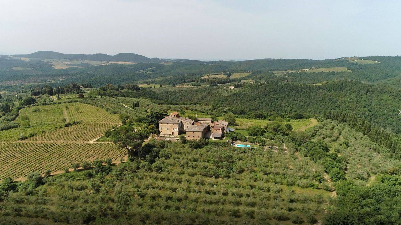 Hamlet with historic villa, 62 ha of land with olive groves and vineyards, swimming pool and panoramic views for sale in the province of Siena, Tuscany.