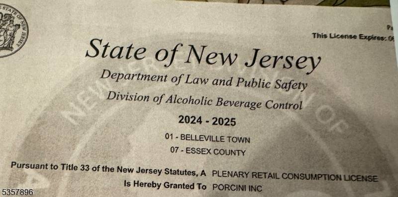 LIQUOR LICENSE Belleville Twp. New Jersey