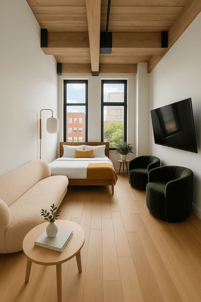 Residence 2M is an immaculately designed studio featuring soaring 12.