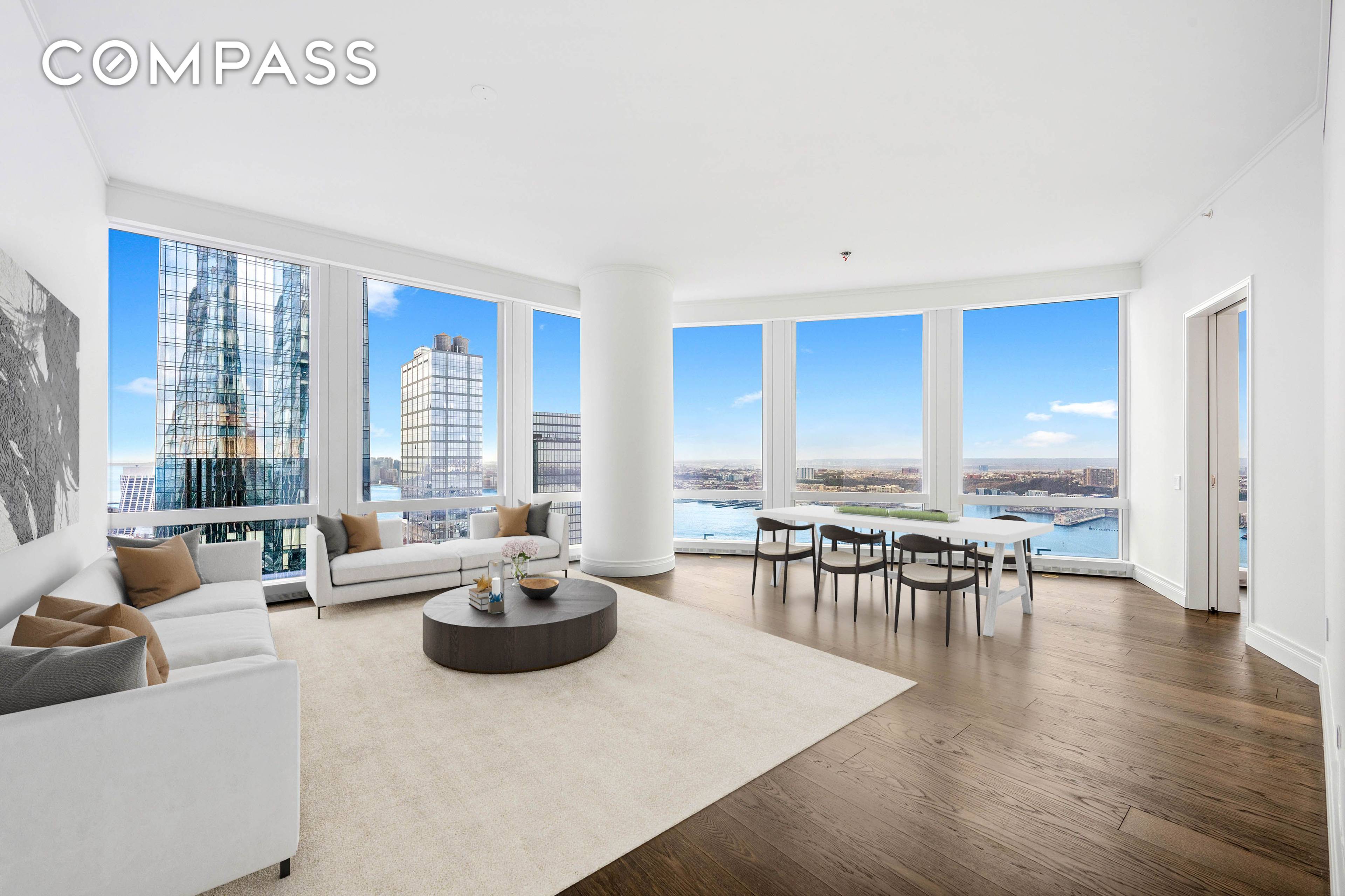 This spectacular 2, 453 SF corner residence at 35 Hudson Yards offers panoramic South and West exposures with breathtaking Hudson River views from every room.