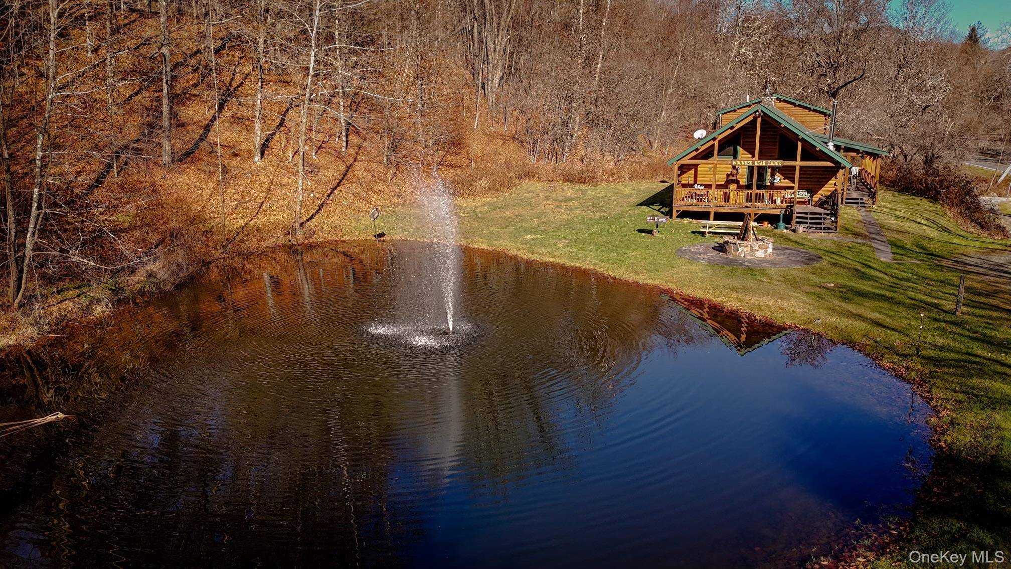 This rustic log cabin home nestled amidst a tranquil pond.