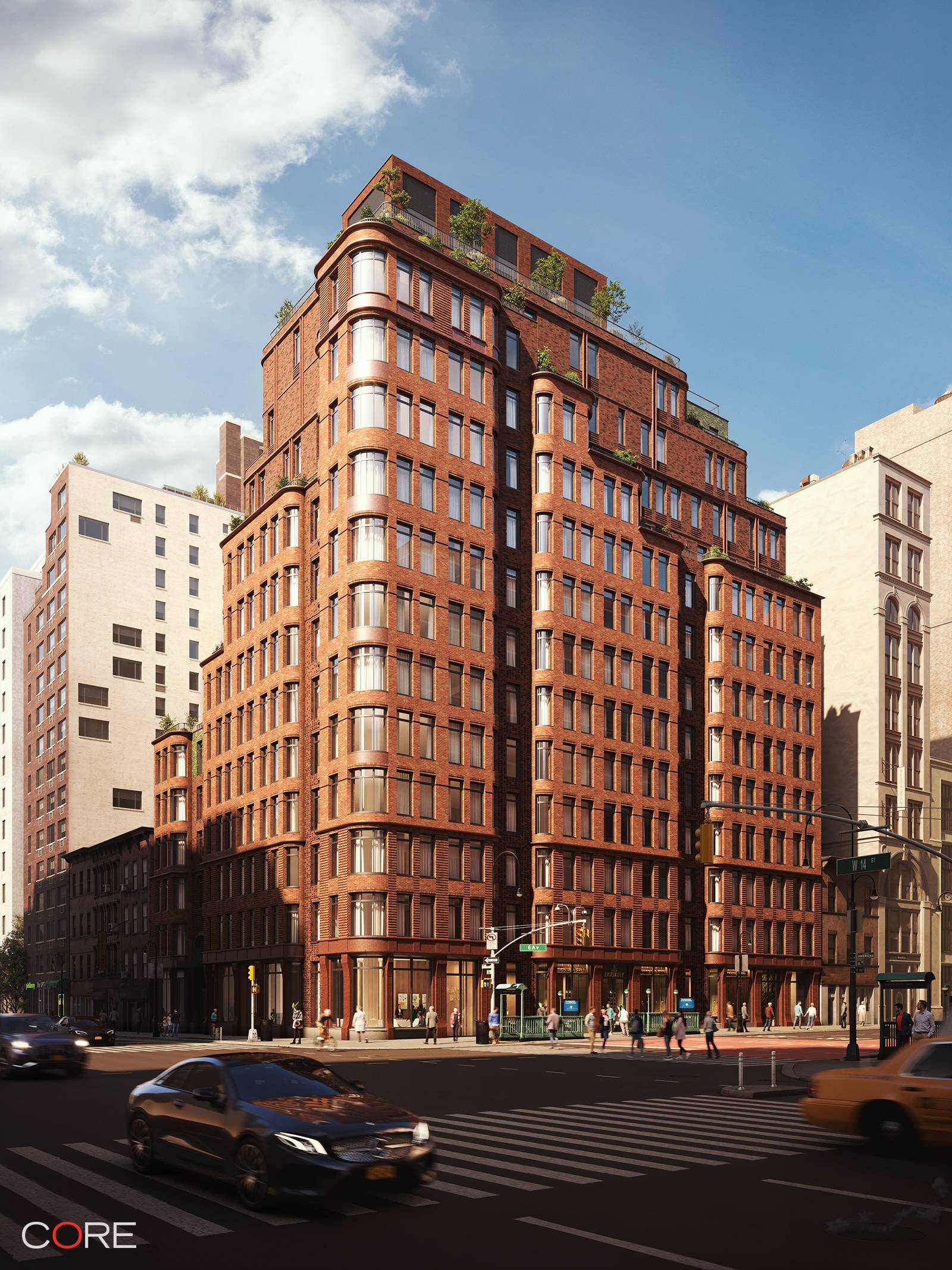 Draped in the bespoke artistry of BKSK Architects, The Village West gracefully curves around the corner of 6th Avenue and 14th Street.