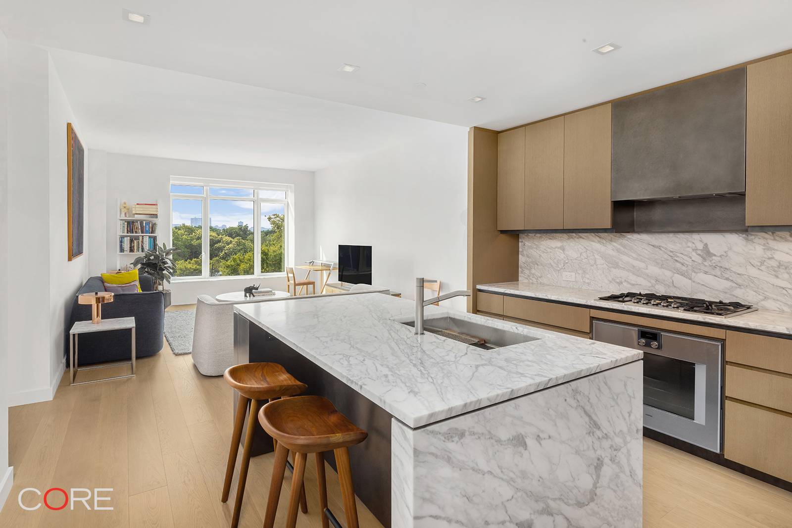 Residence 5FW offers a west exposure with views of Chelsea Waterside Park and the Hudson River, along with 1, 222 square feet of thoughtfully designed living space.