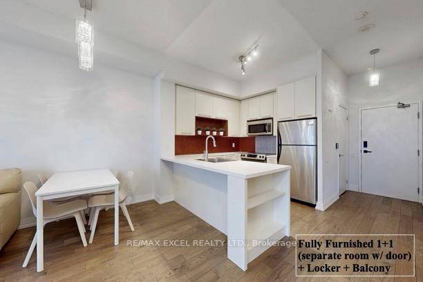 Furnished 1 bedroom den separate room with door can used a private home office or second bedroom storage locker open balcony !