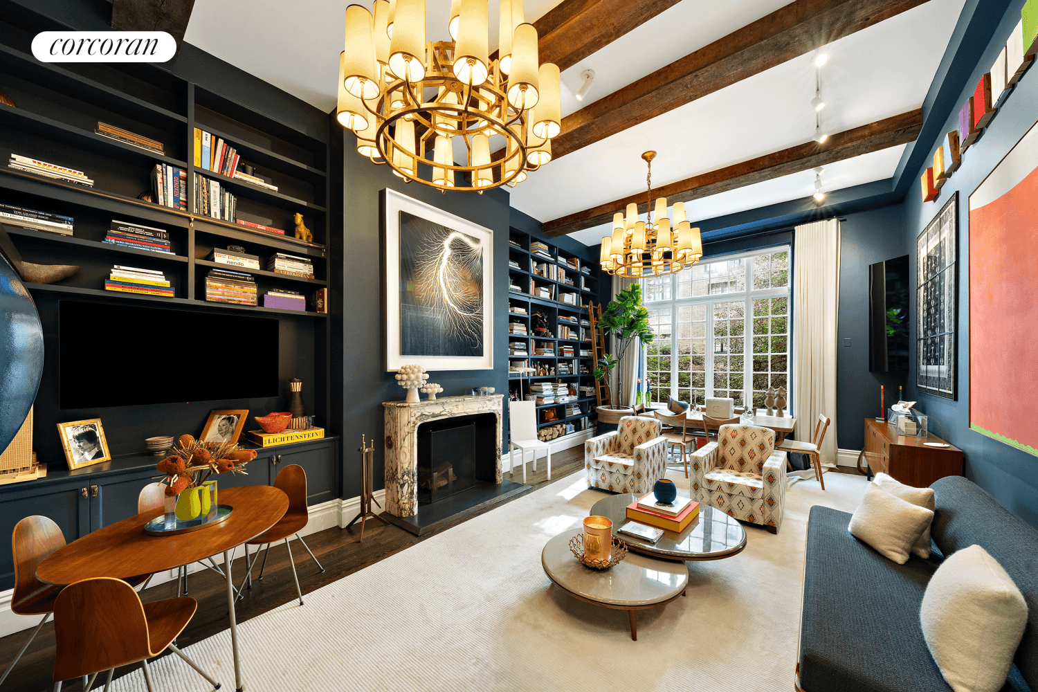 Triple mint, Pre war one bedroom with a dramatic double height living room with wood burning fireplace and beautiful casement windows.