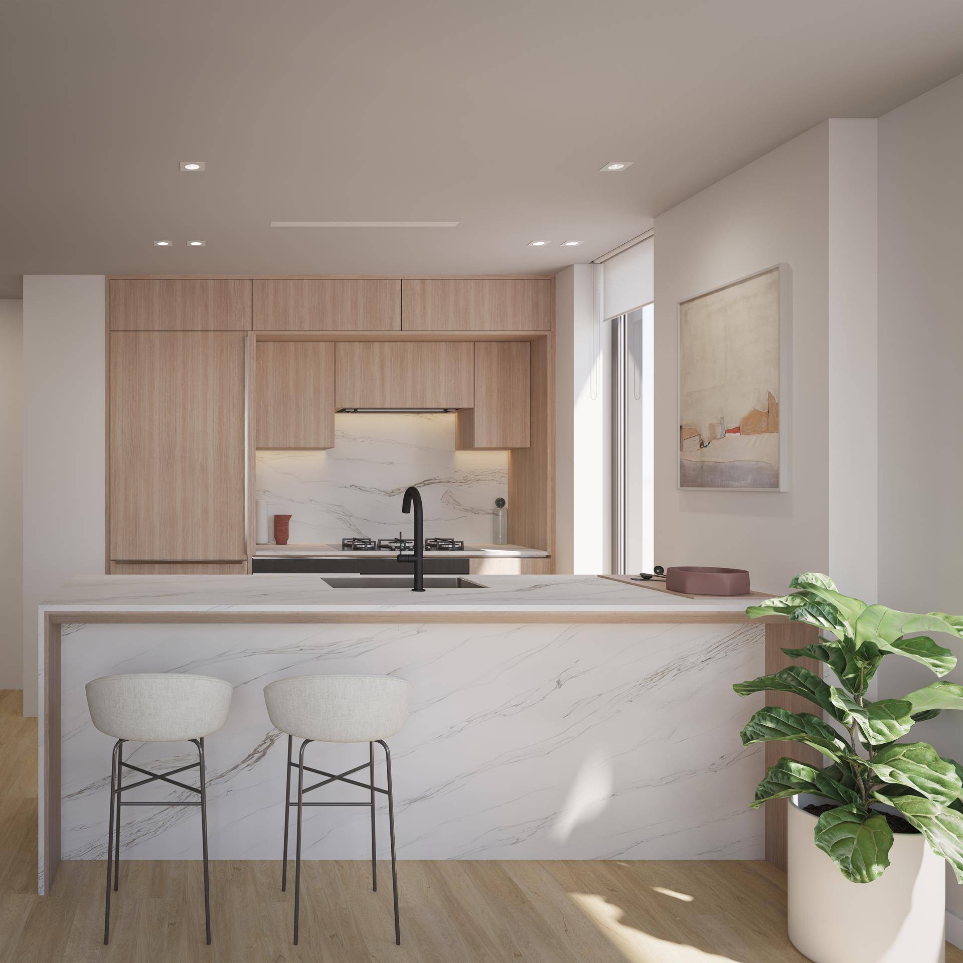 Residence 1401 is a stunning 941 square foot, two bedroom, two bath residence embodying luxury and modern sophistication, featuring expansive windows with northwest exposures and white oak hardwood flooring throughout.