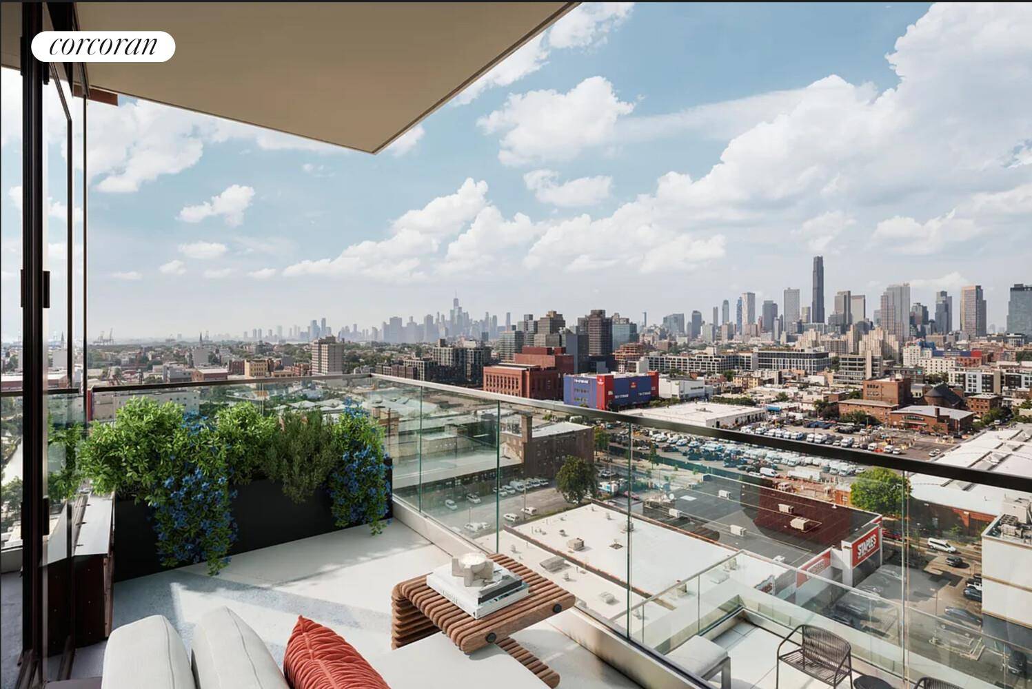 Northwestern Facing, Limited Edition Designer Corner Penthouse two bedroom 2 bath with a massive private balcony, boasting panoramic views of Park Slope Lower Manhattan, Downtown Brooklyn and NY Harbor.