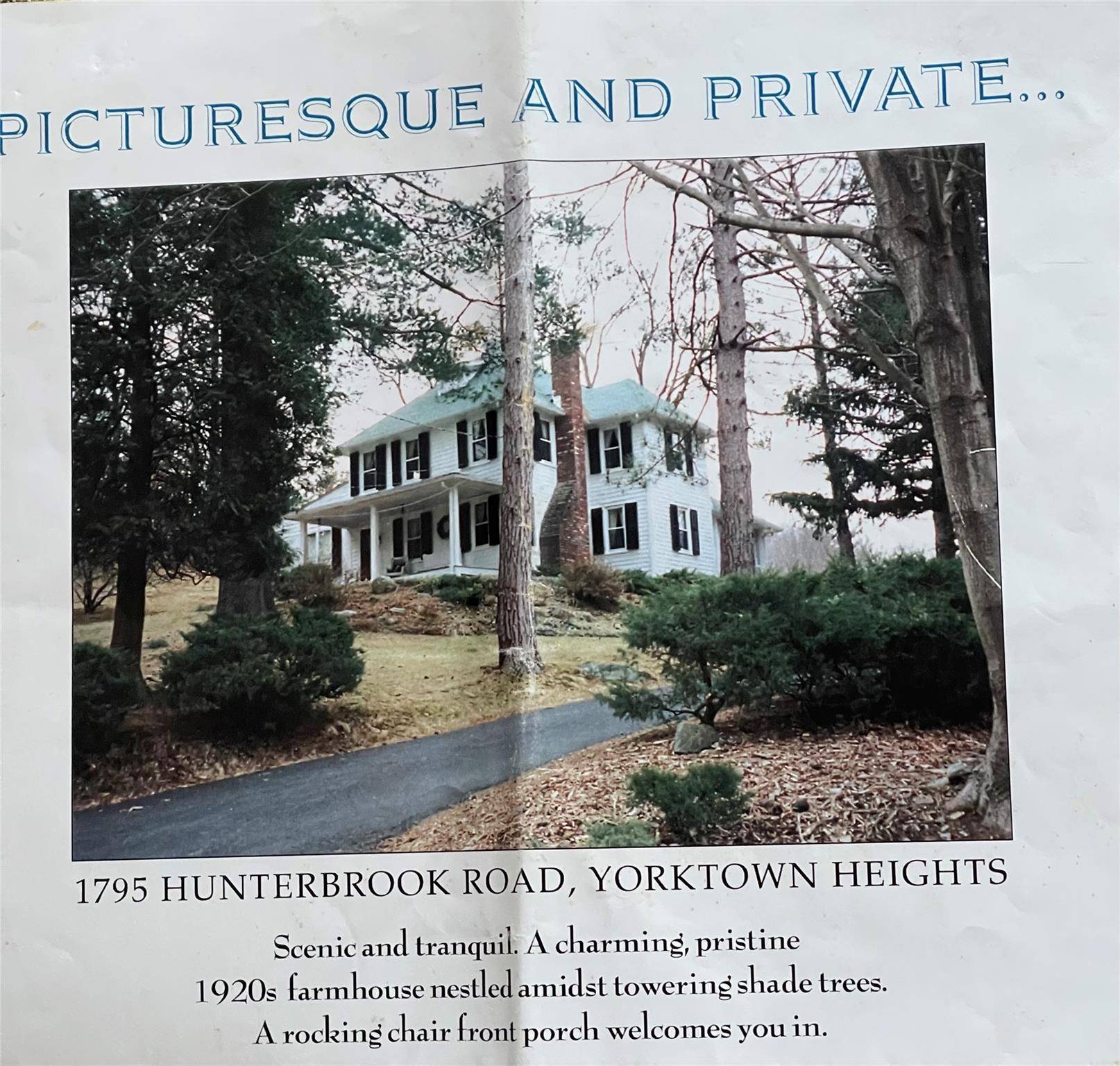 Located in Westchester County, in the Hamlet of Huntersville, this picturesque and private 1920 s farmhouse is situated on beautiful 1.