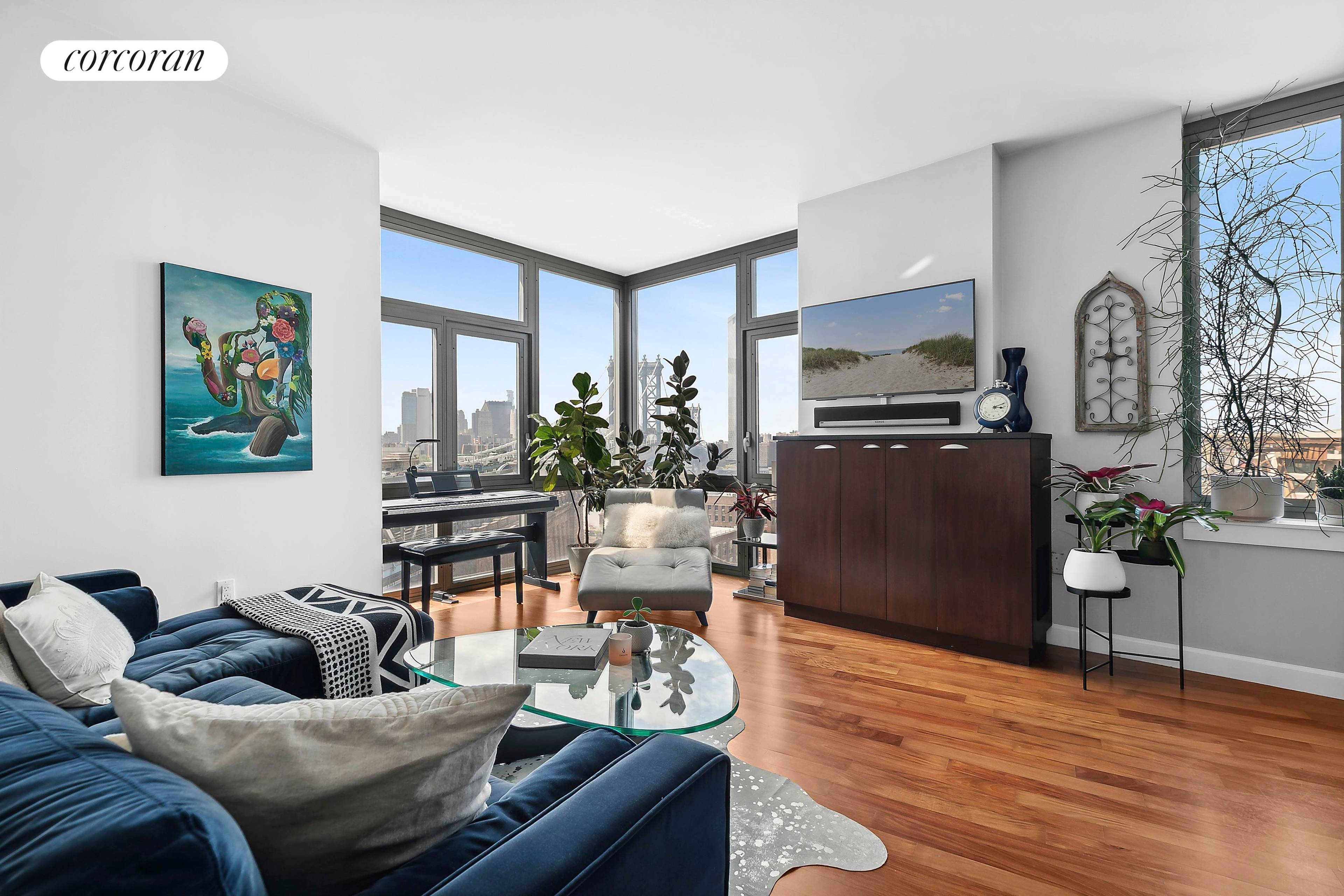 Views, Views, Views ! 100 Jay Street, 15A is an exquisite corner 1223 sqft 2 bedroom, 2 bath unit at the J Condo in the heart of Dumbo.