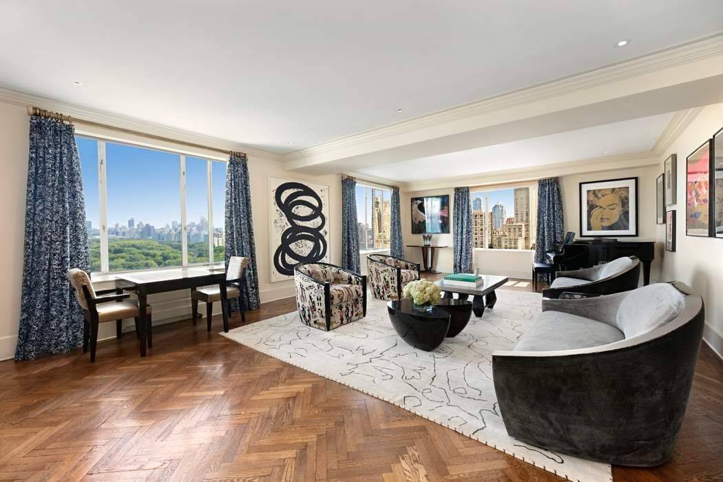 This spectacular seven room aerie perched atop the prestigious Hampshire House on Central Park South is defined by its expansive and glorious views of Central Park and the Manhattan skyline.