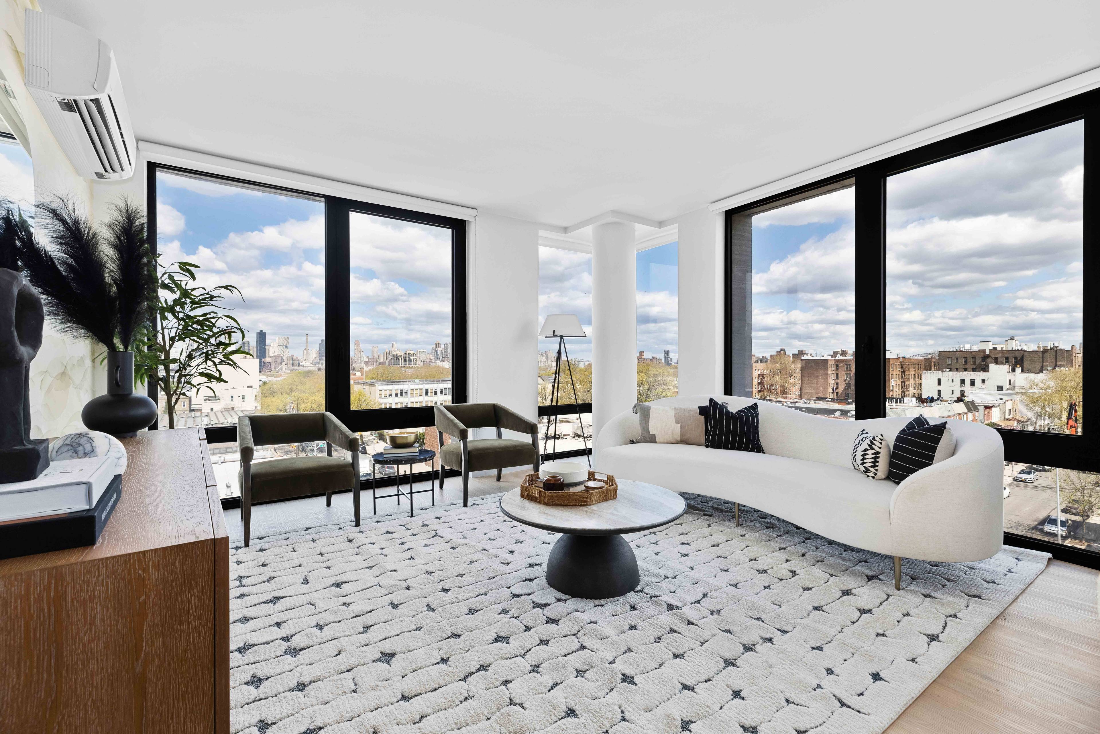 Beautiful two bedroom, two bathroom apartment featuring a one of a kind terrace, with direct Manhattan skyline views, oversized windows, matte black and Calcutta finishes, custom tiled bathrooms, spacious closets ...
