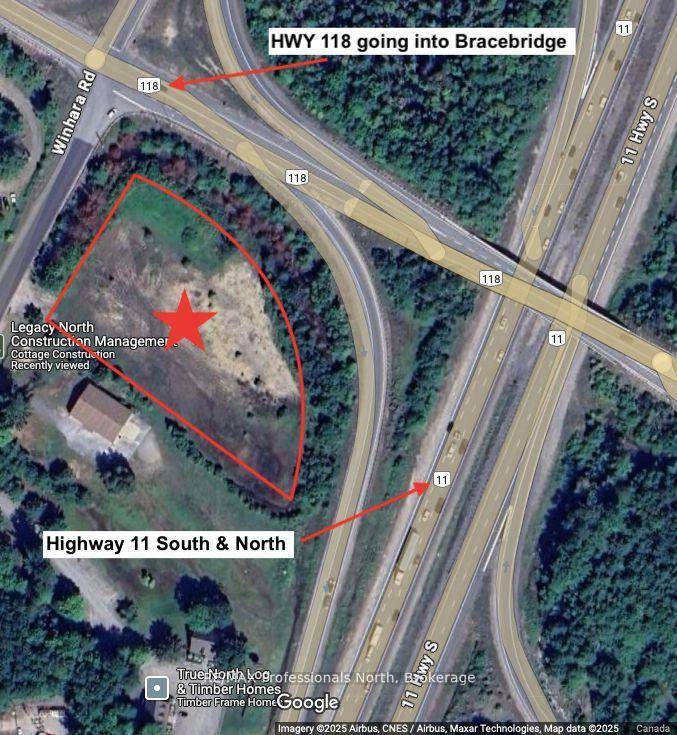 Prime 2. 48 acre commercial property located at the high traffic intersection of Winhara Road and Highway 118 in Bracebridge.