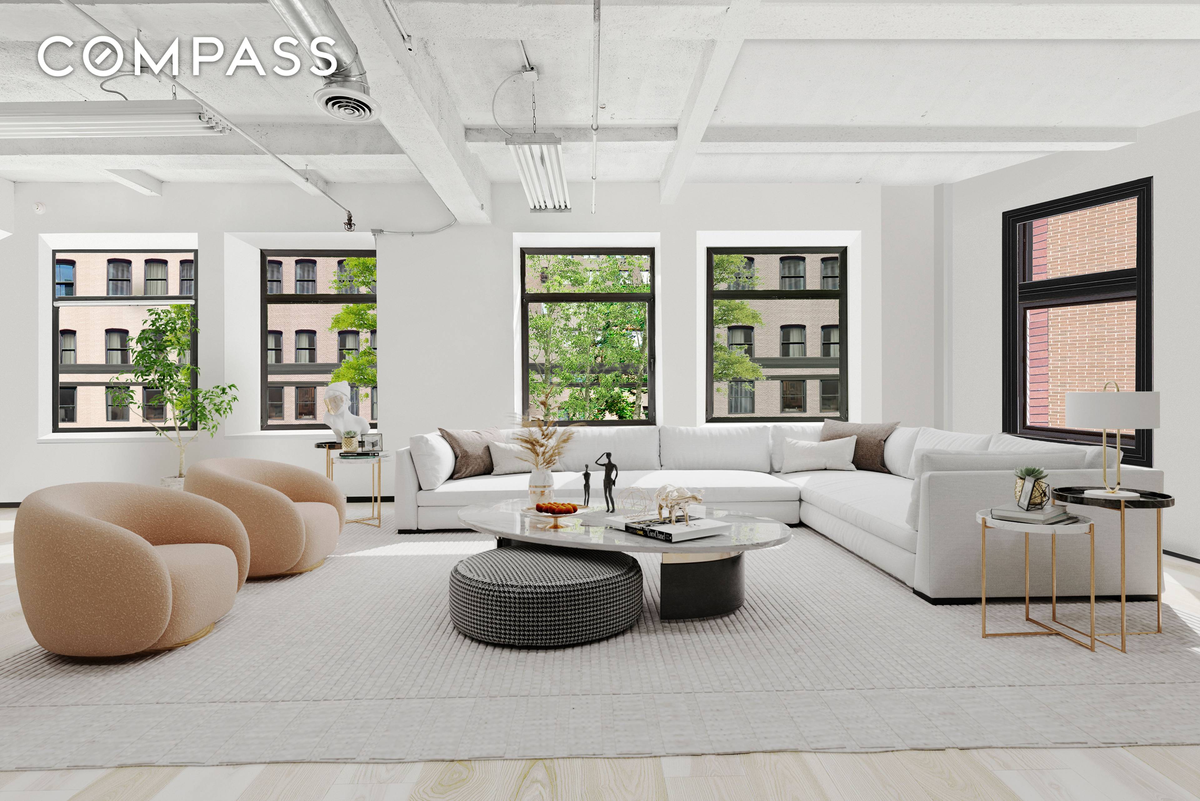 This classic Tribeca loft space, currently a commercial condo, can be converted to residential use.
