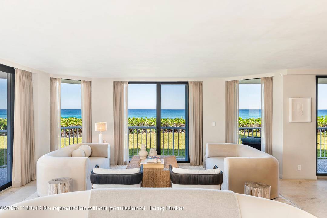 Located directly on the ocean in the prestigious Enclave building on South Ocean Boulevard in Palm Beach, this beautifully designed residence was created by renowned interior designer Noa Santos.