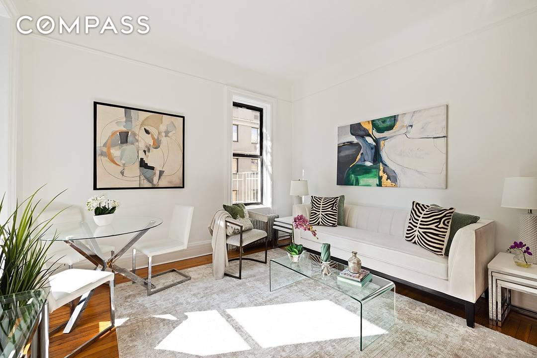 This Upper West Side pre war one bedroom home features 10 5 ceilings, hardwood floors, east south exposures and is super quiet.
