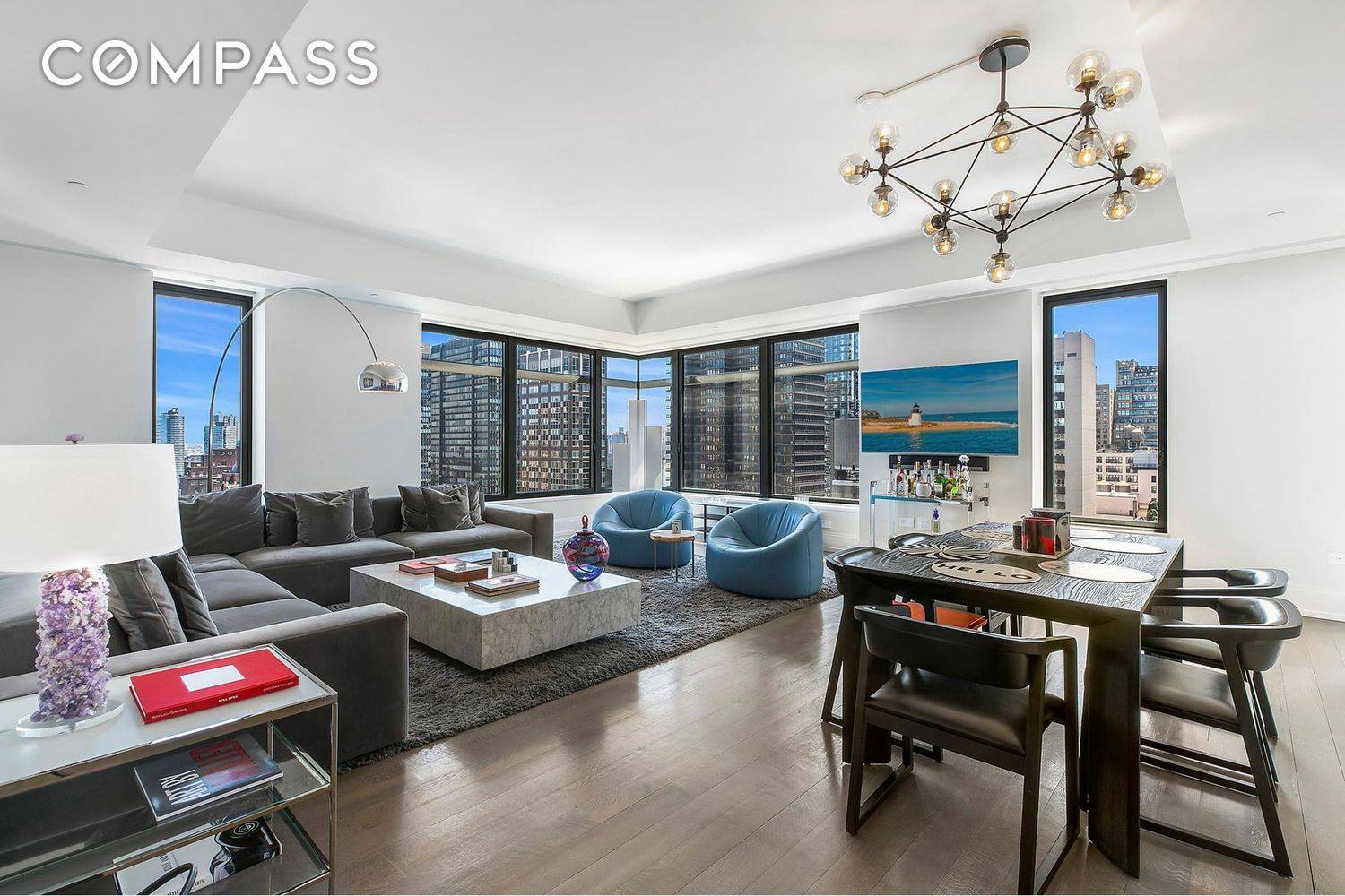 Perched high on a semi private floor, this spectacular 2, 195 square foot, triple exposure, double corner residence has three bedrooms with three en suite bathrooms and a powder room.