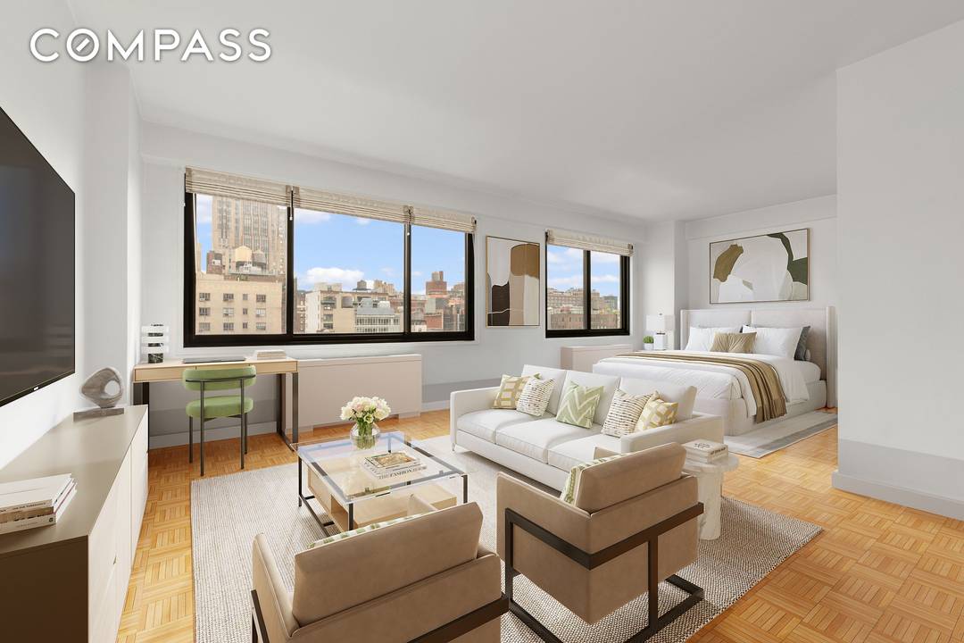 Fabulous and spacious high floor corner alcove studio with excellent potential.