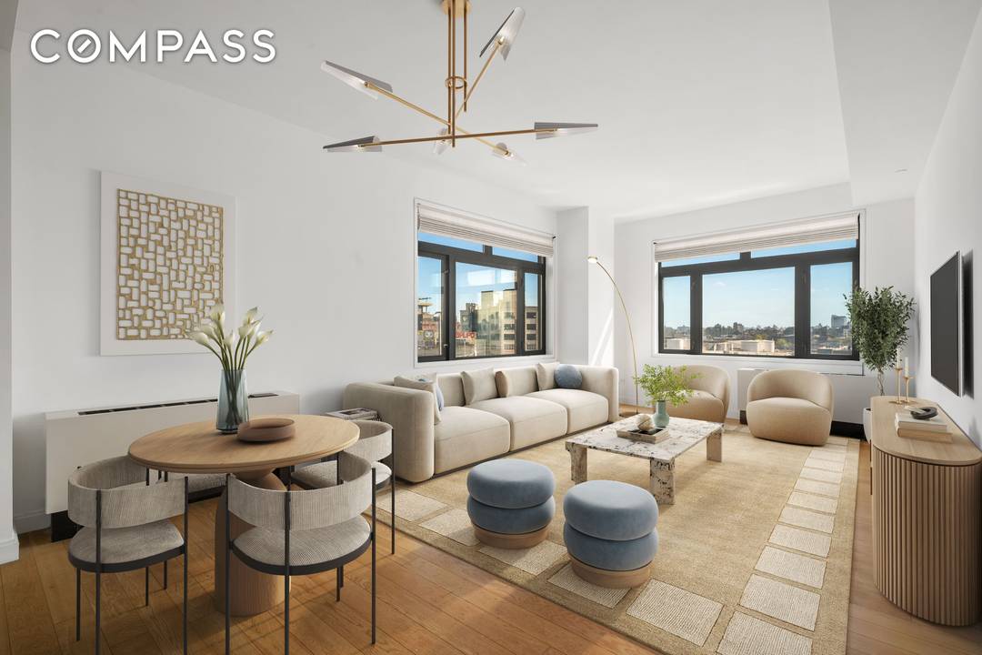 With both South and East exposures, Residence 5i is a sun filled premium 2 bedroom 2 bathroom condominium offering open panoramic views of lower Manhattan and Brooklyn skylines.