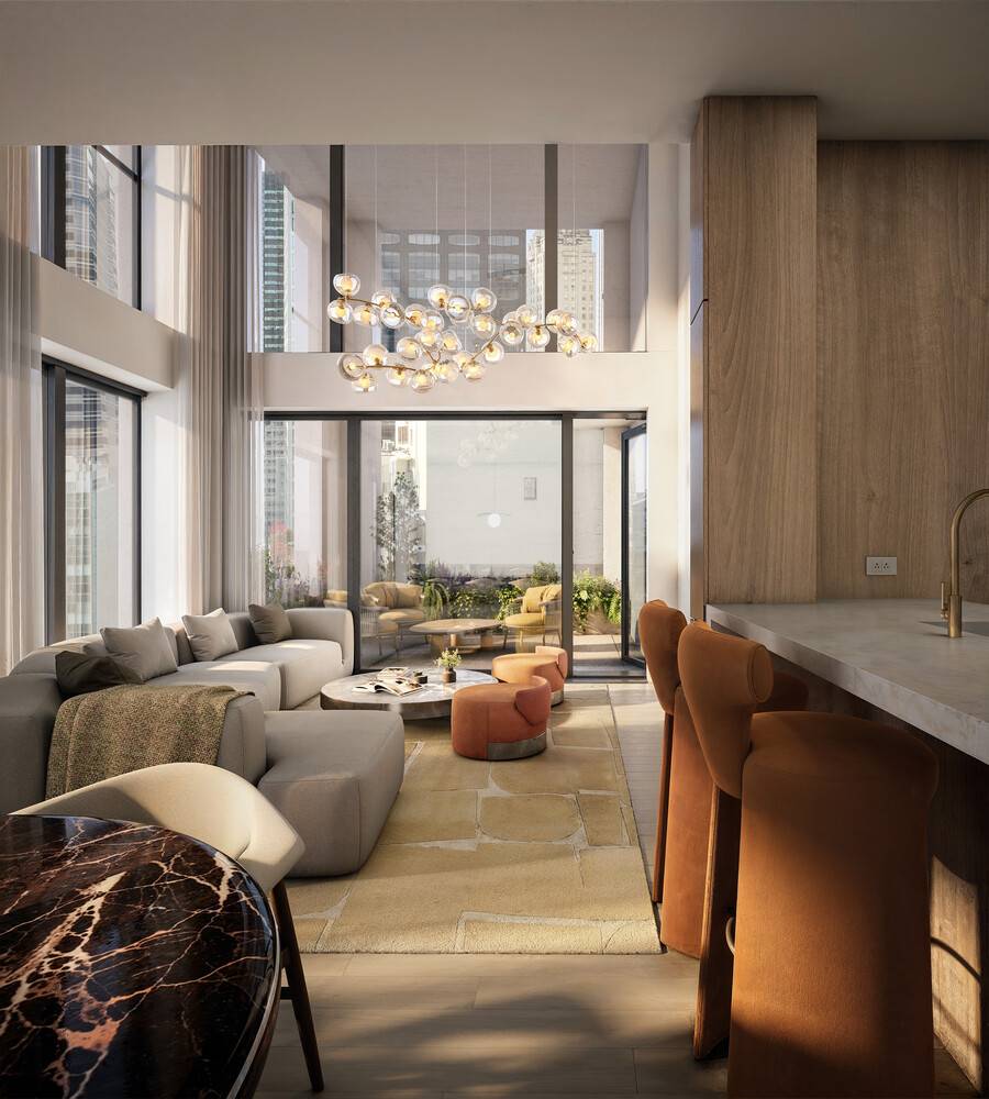 Residence 2304 features a rare double height great room with 20 foot ceiling and a 143 square foot private corner terrace with western and southern exposures.