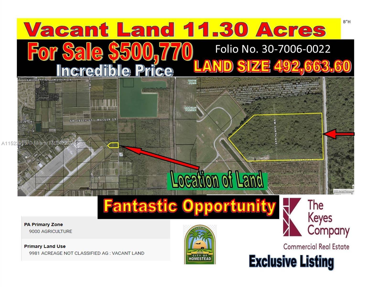 LAND 11. 31 ACRES 492, 663 SF WITH A PRIMARY ZONE 9000 AGRICULTURE PRIMARY LAND USE 9981 ACREAGE NOT CLASSIFIED AG VACANT LAND ALL OFFERS WILL BE CONSIDER