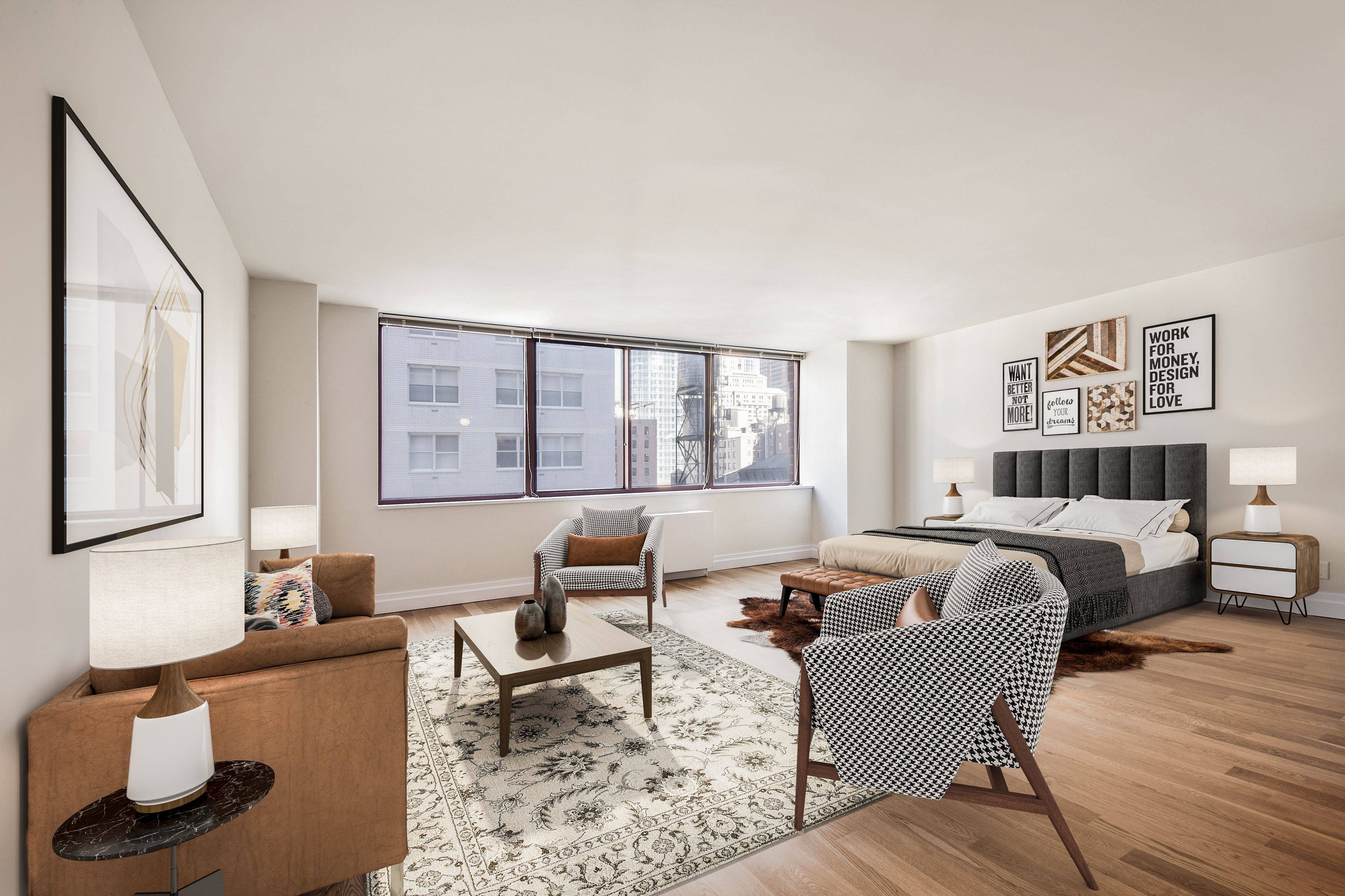 Great studio with separate closed gourmet kitchen with stainless steel appliances and stone countertops, multiple closets including a walk in closet and linen closet, and wood floors throughout.