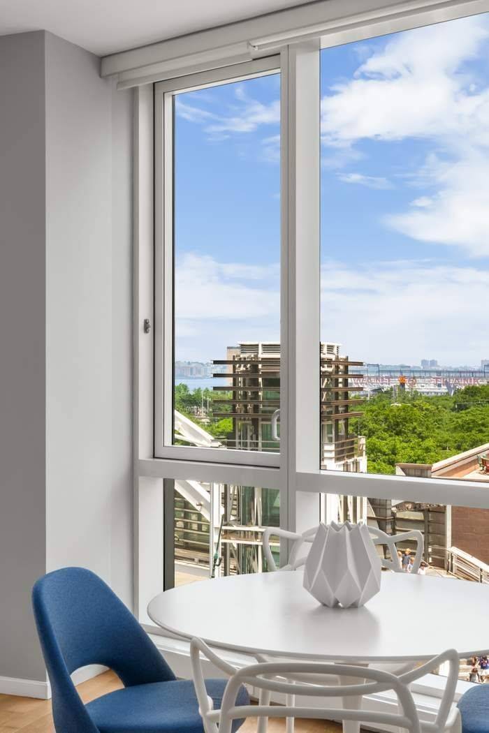 Rarely available, this corner two bedroom, two bathroom home boasts spectacular views of the Hudson River and Washington Market Park from every room.