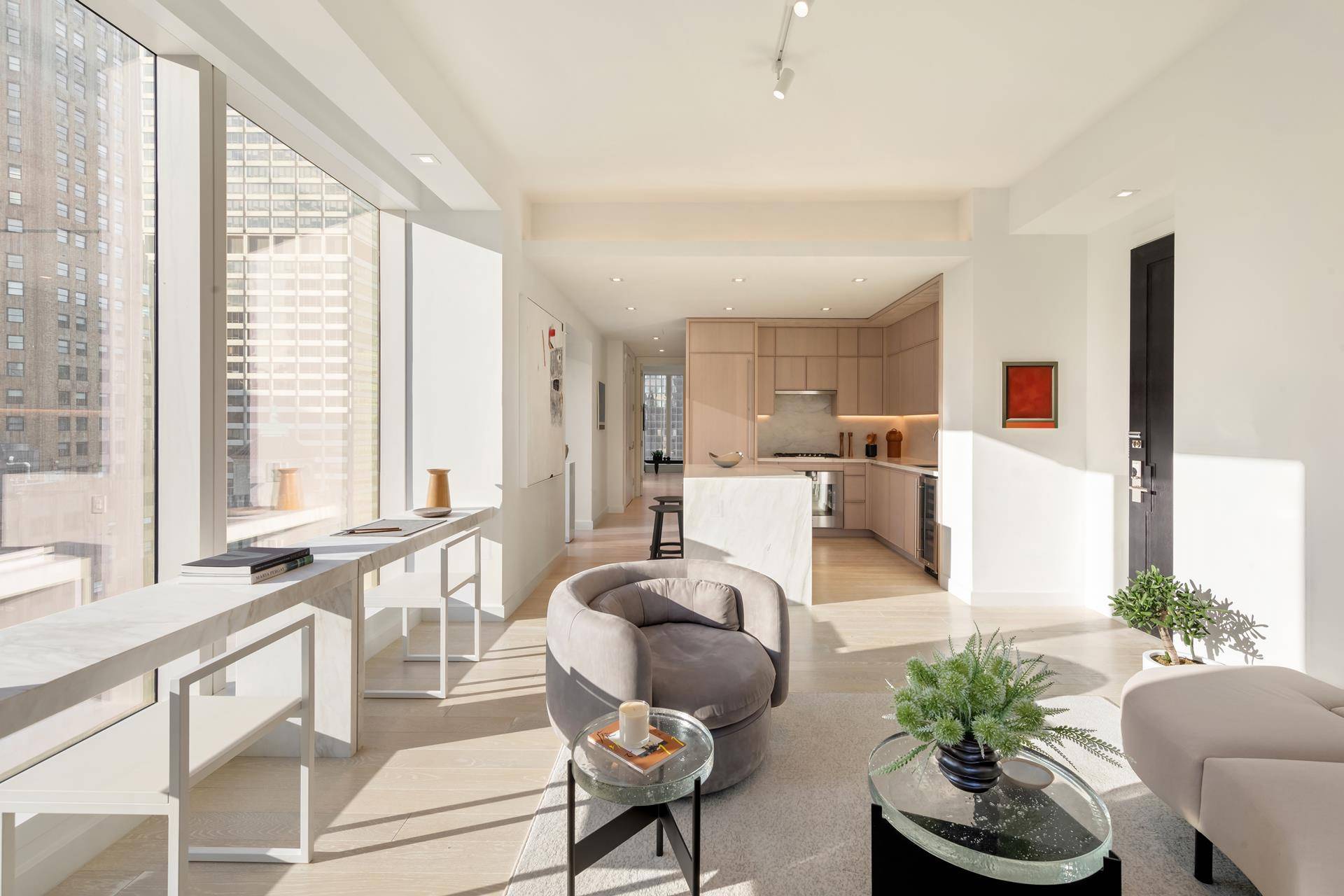 Immediate Occupancy. This expansive one bedroom, one and a half bathroom residence designed by Champalimaud offers northern, western, and southern exposures through floor to ceiling windows.