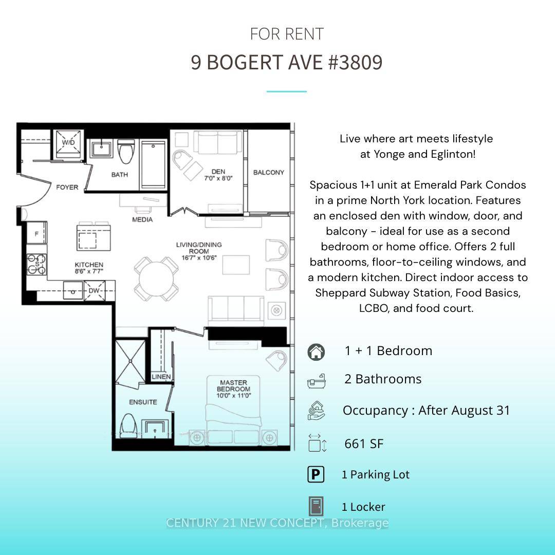Spacious 1 1 unit at Emerald Park Condos in a prime North York location.