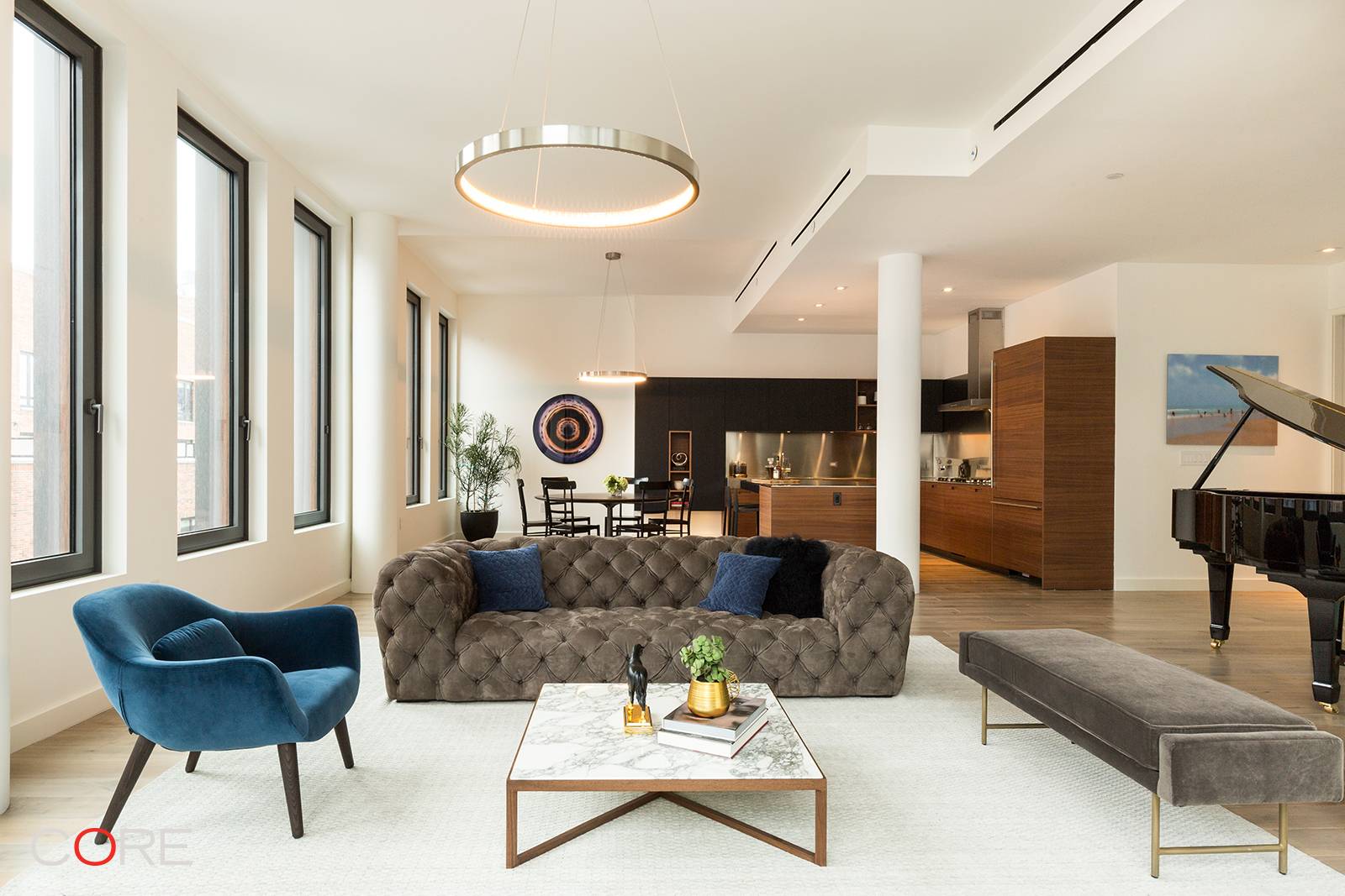 Furnished Rental. Penthouse 3 at 15 Renwick features a four bedroom, five bathroom layout with an open flow living room, sprawling terraces and oversized windows throughout.