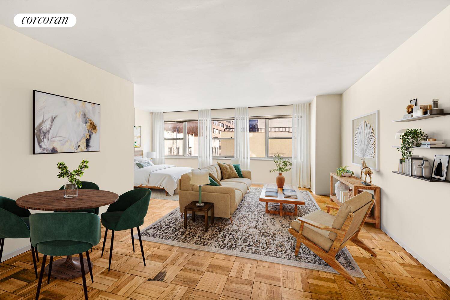 Welcome to this oversized, sun drenched, alcove studio with lots of space, light, and quiet comfort.