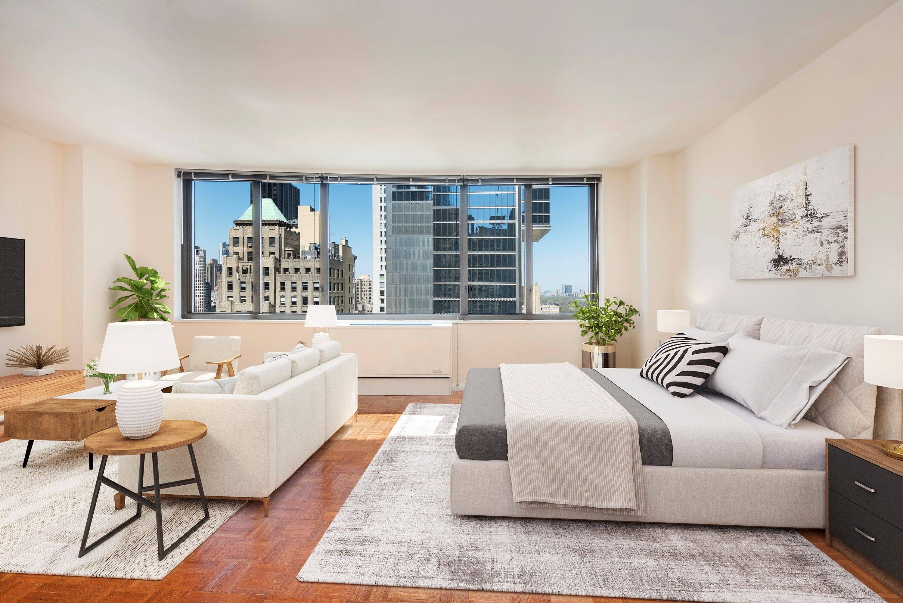 Quiet and spacious, this north facing studio features a separate L shaped kitchen, oversized windows, and wood floors throughout.