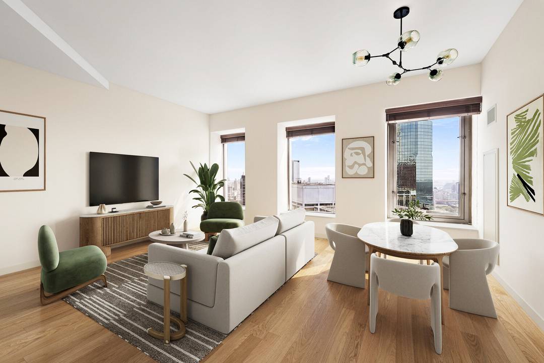 This standout two bedroom plus home office sits high above the East River with unobstructed North amp ; East facing views of Brooklyn, the river, and Lower Manhattan.
