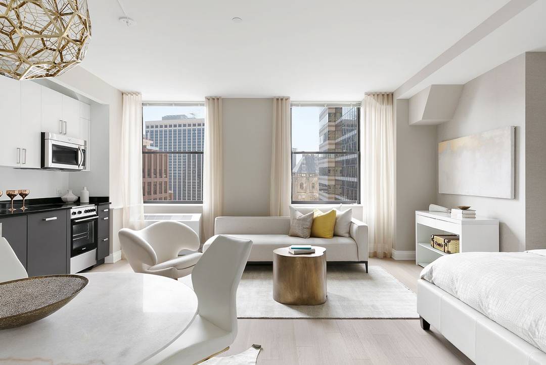 Pristine studio with open gourmet kitchen, in unit washer dryer, multiple closets, and easy to furnish layout.