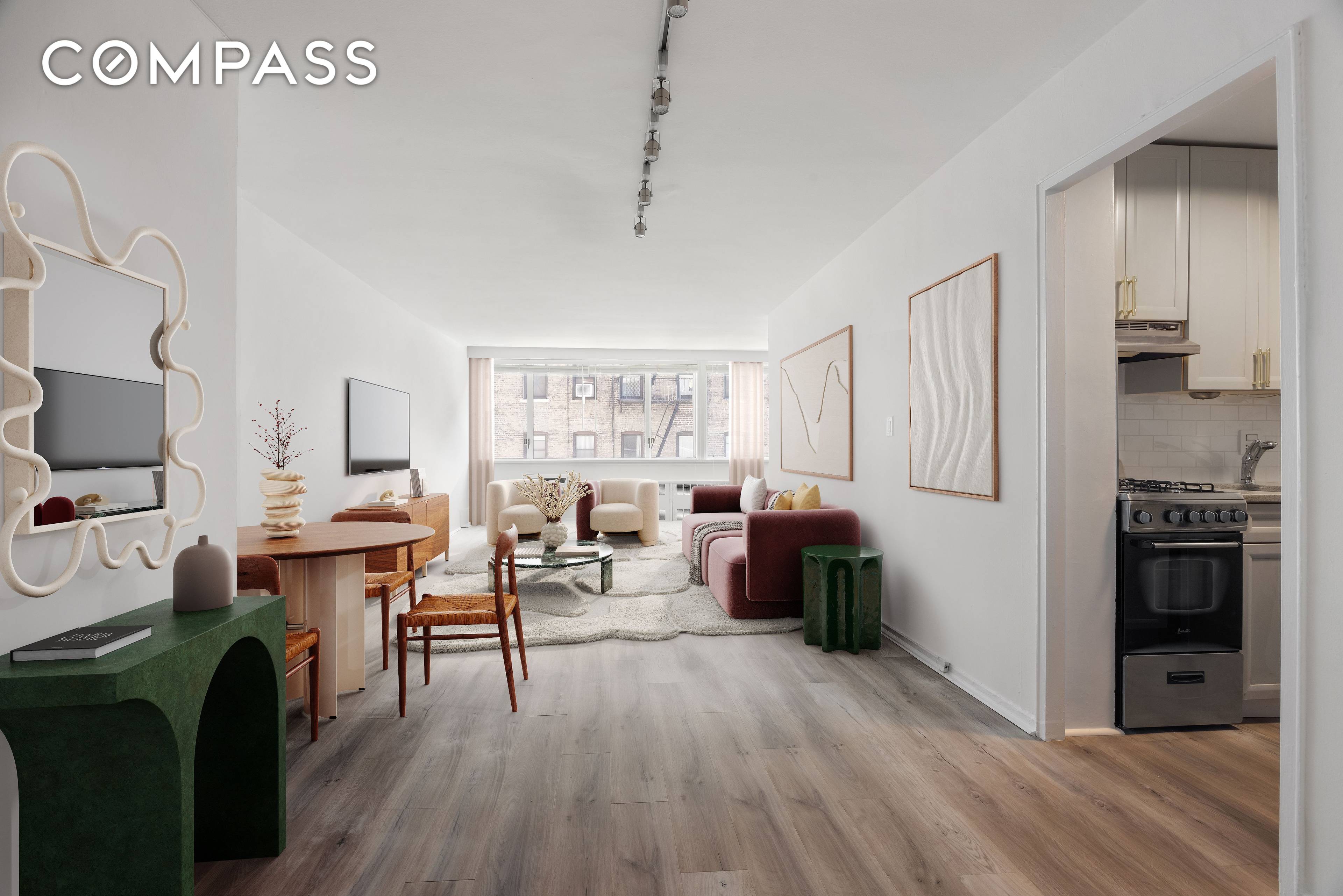 This thoughtfully designed alcove studio offers a highly functional layout, ideal for maximizing both style and space.