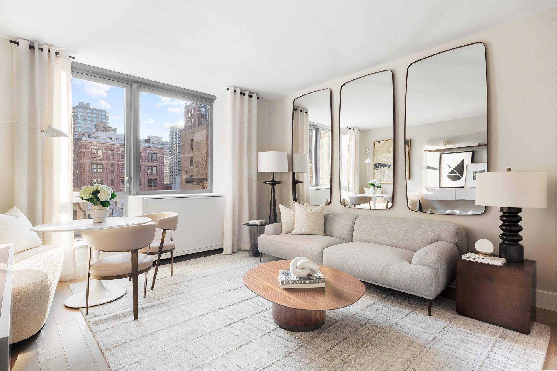 This south facing, sun filled, 992 square foot, 2 bedroom, 2 bathroom opens onto 5 plank white oak flooring bathed in natural light from oversized south facing windows.